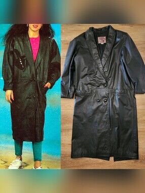 Vintage Iconic 80s 100% Leather Long Trench Coat KOREA Women's L Double Brest